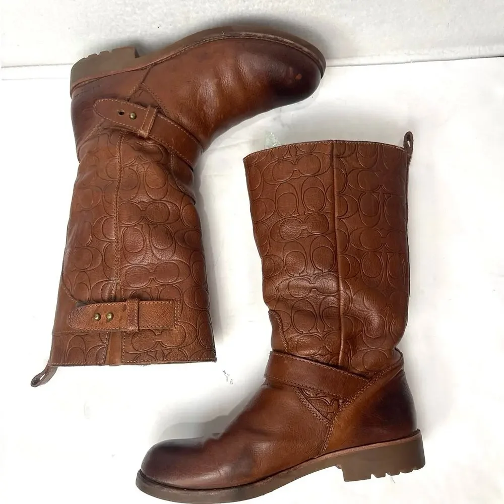 Coach Virginia Embossed Logo Women Boots Size 8 Brown Leather Tall Boots